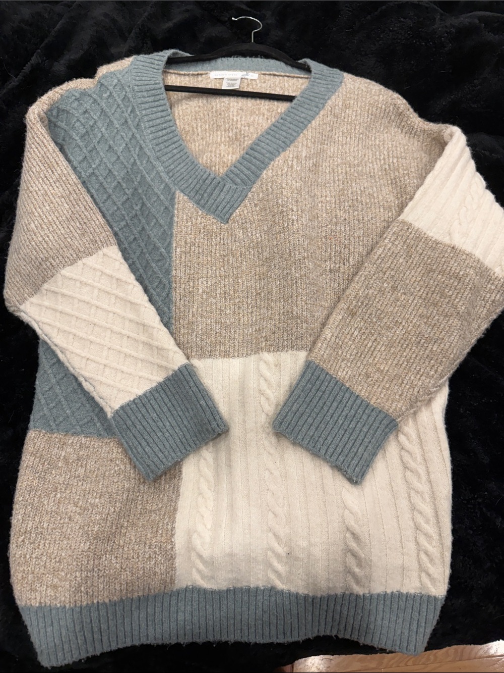 Altar'd State V-Neck Colorblock Cable Knit Sweater in Blue, Cream & Tan
